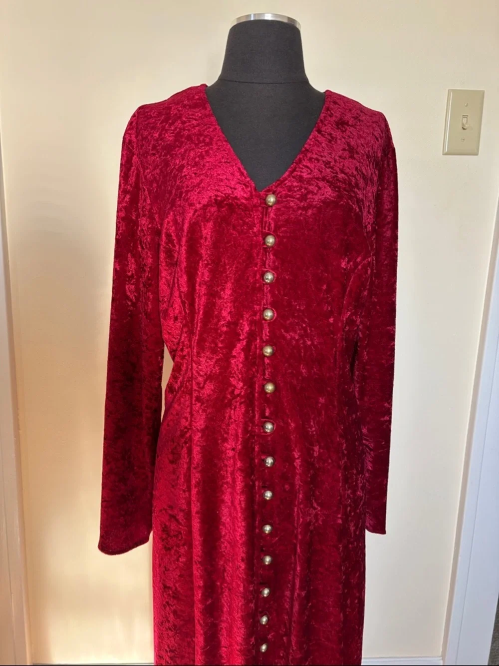 Vintage Red Crushed Velvet Long Sleeve Full Button-Front Corset Back